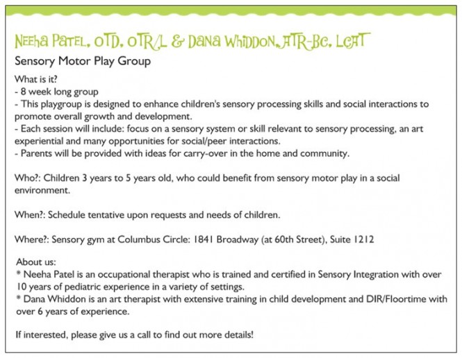 Sensory Motor Play Group at Columbus Circle, Brooklyn Letters