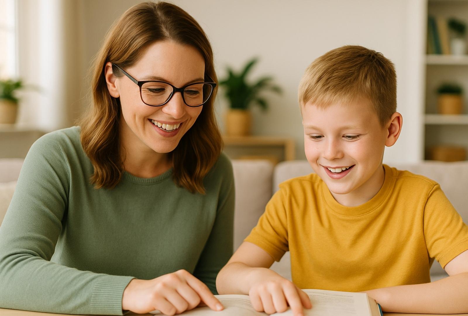 A dyslexia tutor in Connecticut smiles while helping a young boy read at home