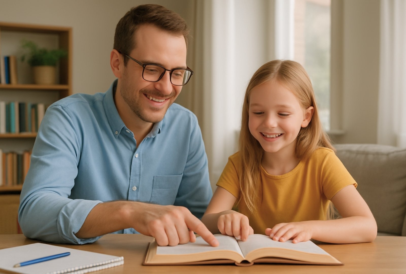 A dyslexia tutor in Connecticut helps a young girl read at home, both smiling