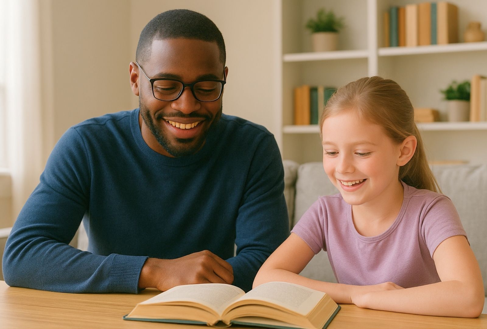 A dyslexia tutor in Connecticut smiles while helping a young girl read at home